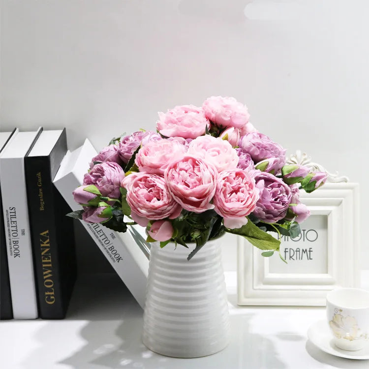 30cm Rose Pink Silk Peony Artificial Flowers Bouquet 5 Big Head and 4