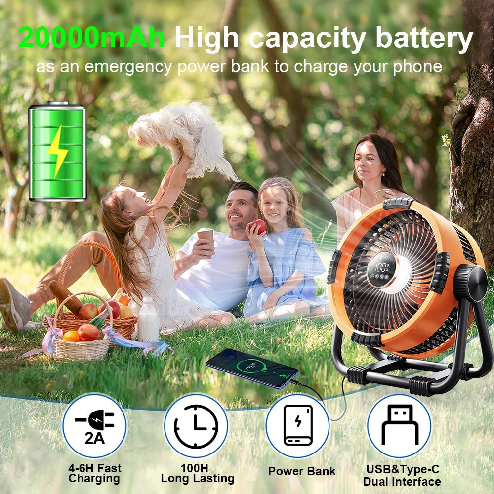 Camping Fan 20000mAh Rechargeable Portable Camping Circulator Fan