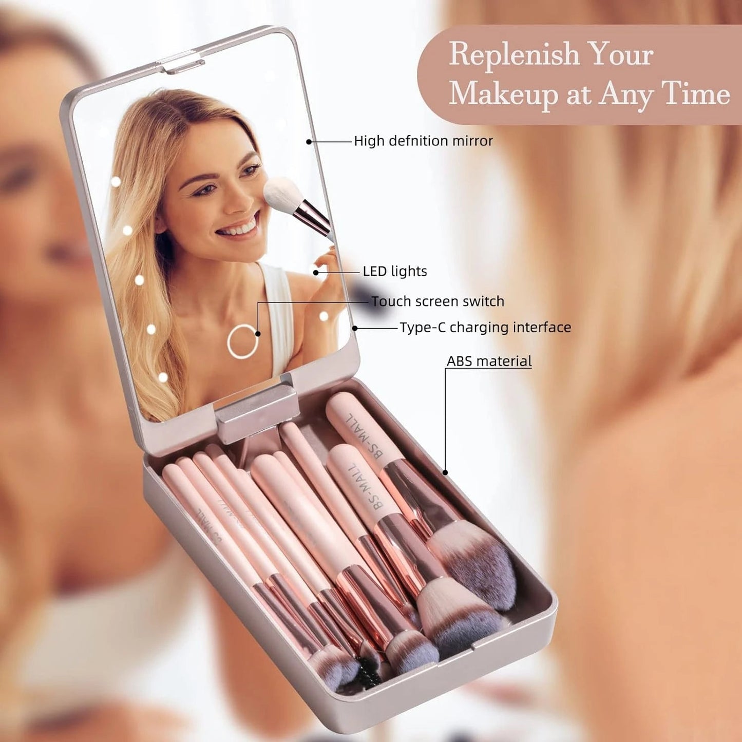 Versatile Luxurious Makeup Brush Set with Mini LED Light Mirror -