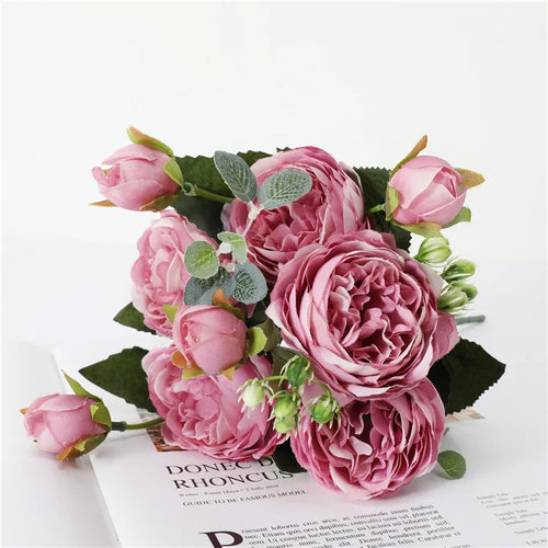 30cm Rose Pink Silk Peony Artificial Flowers Bouquet 5 Big Head and 4