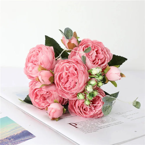 30cm Rose Pink Silk Peony Artificial Flowers Bouquet 5 Big Head and 4